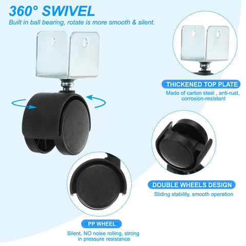 Slick Roll 1.5 Inch Swivel Casters With 1 Inch U Bracket showcasing 360 degree swivel, PP wheels, and thickened top plate.