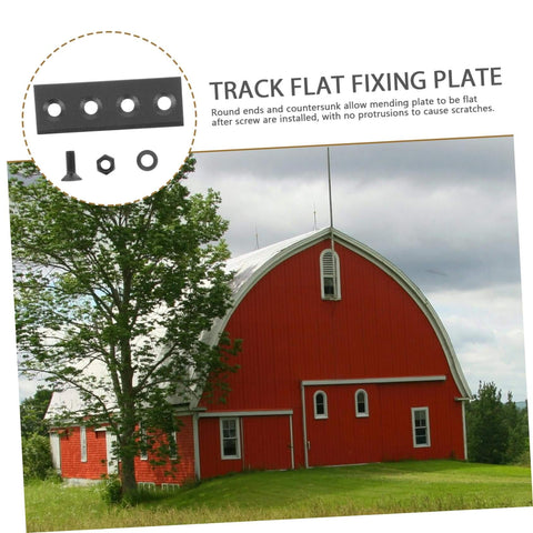 Red barn with Heavy Duty Sliding Barn Door Track Connector Kit With Flat Straight Brackets shown in illustration detail