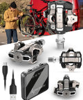 Off Road Power Meter Pedals With Shimano SPD Cleat Compatibility, Rechargeable 90 Hour Ride Time, bike, sensor, and power bank