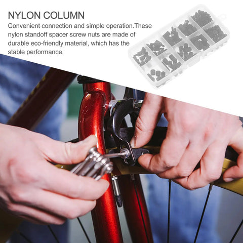 Person using 180 Pcs Nylon Screw Nut Kit with Hex Nylon Spacers and Standoffs for bike assembly, industrial fastener