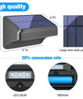Diagram of 8 Color Solar Fence Lights Kit With 4 Modes, showing dimensions, solar panel size, and LED components.