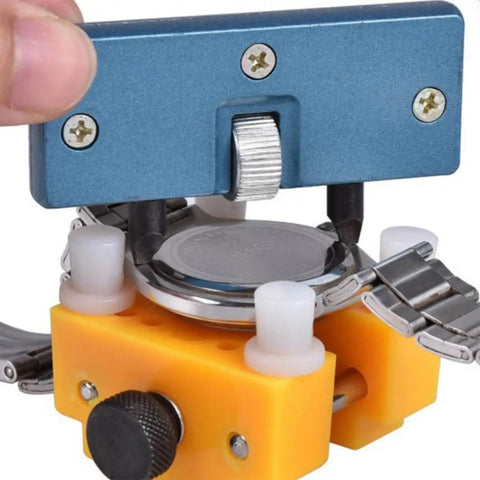 All In One Watch Back Remover Tool With Adjustable Jaw Range 11 To 54 Mm, Stainless Steel Case Opener And Closer in use.