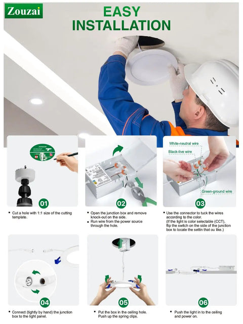 Instruction steps for installing 6 Inch Ultra Thin LED Recessed Ceiling Light With Junction Box 5CCT Selectable 2700K To 5000K.