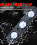 White Truck Bed Light Kit With 24 LEDs, 8 Pod Cargo Rock Lighting Kit in waterproof IP67 rugged design, showing three LED pods with water splashes.