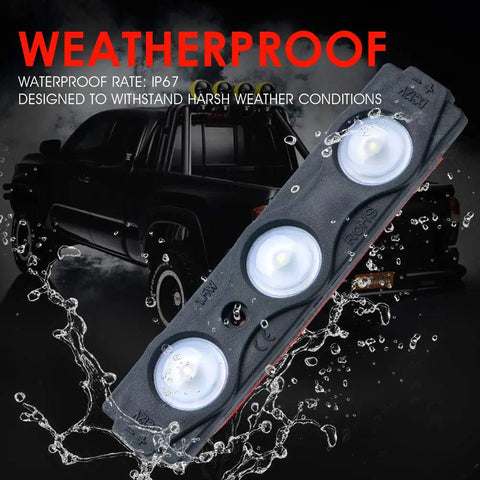 White Truck Bed Light Kit With 24 LEDs, 8 Pod Cargo Rock Lighting Kit in waterproof IP67 rugged design, showing three LED pods with water splashes.