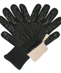 Heavy Duty BBQ Cooking Gloves For Outdoor Grilling And Camping, black gloves with flame pattern and silicone grip, soft lining.