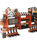 Power Tool Organizer Wall Mount With Charging Station, Three Layer Heavy Duty Garage Storage, 45.6 Inch Wide, Holds Eight Drills, Two Step Assembly Method, Expands Space For Long Tools, Orange