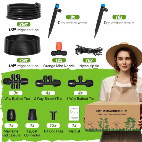 Greenhouse Micro Drip Irrigation Kit with 1/2 Inch Main Tubing and 1/4 Inch Distribution Tubing, adjustable emitters and fittings.