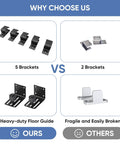 Comparison of barn door hardware kit brackets and floor guides showing 5 robust brackets and heavy-duty floor guide vs fragile option.