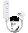 Designer Mini 3-Outlet Power Strip With 18 Inch Braided Cord Grounded Adapter Low Profile Flat Plug ETL Listed White Gray