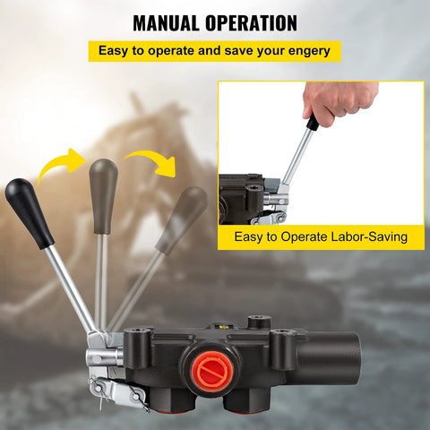 Hydraulic directional control valve, front view, 1 spool, black body with red knob and manual levers