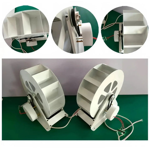 50W To 100W Portable Water Turbine Generator With Low Speed Belt Drive Quiet Hydro Power For Off Grid Homes Ponds Rivers And Small Waterways 1-35V Output, showing front and side view with wire connections.