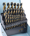 CaRoller 29-piece drill bit set, front view, high-speed steel, black-gold finish, indexed metal case (1/16-1/2 in).