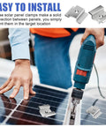 Person installing solar panel using Bulk 42 Pack Aluminum Solar Panel Mid Clamps For Mounting On Tin Roof Flat Roof And Sheet Roofs Silver Finish Heavy Duty Brackets Kit For Easy Solar Panel Installation