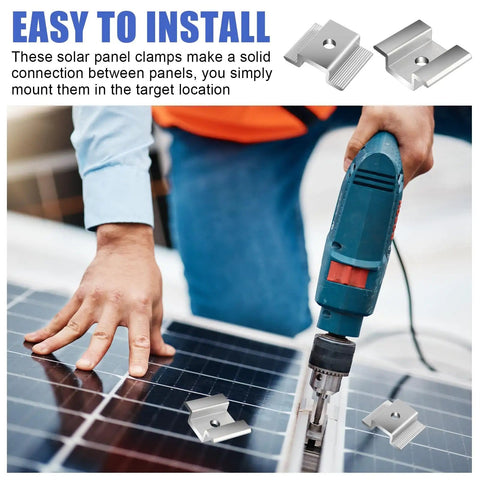 Person installing solar panel using Bulk 42 Pack Aluminum Solar Panel Mid Clamps For Mounting On Tin Roof Flat Roof And Sheet Roofs Silver Finish Heavy Duty Brackets Kit For Easy Solar Panel Installation