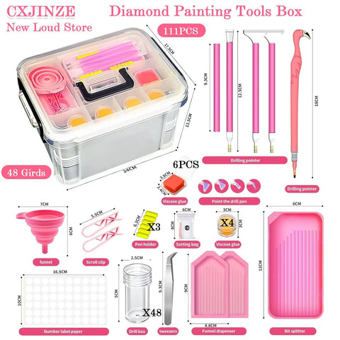All In One Diamond Painting Tools And Accessories Storage Kit 111Pcs 5D Set with pink handle box and bead organizer layout.