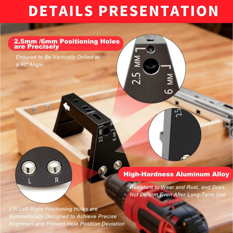 Precision Undermount Drawer Slide Drill Guide Jig With Six Piece Bit Set For Flawless Cabinet Alignment and slick straight shooting performance, showing 2.5mm and 6mm positioning holes.