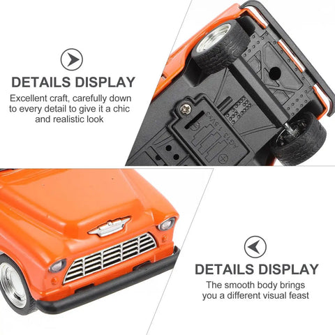 Details of Totally Realistic Small Pickup Truck Model Miniature Figurine For Home Decor And Tabletop Display, orange with a chrome grille and detailed undercarriage.