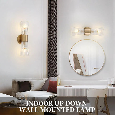 Mid Century Modern Crystal Glass Shade 2 Light Gold Brushed Brass Wall Sconces For Indoor Up Down Vanity Lights In Bathroom Hallway
