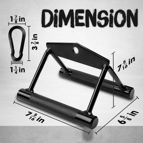 Heavy Duty Knurling Black Double D Cable Row Handle With 880 Lb Capacity dimensions and carabiner details for home gym use.