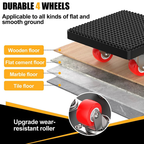 Heavy Duty Furniture Movers Dolly With Anti Slip Deck And 360 Degree Swivel Wheels showing suitability on various floor types