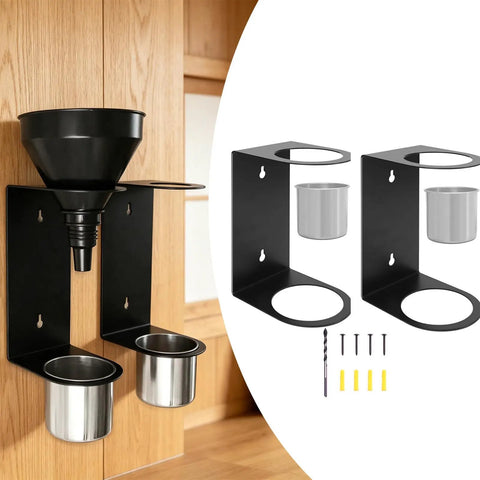 Kickass Wall Mounted Funnel Organizer Rack With Heavy Duty Iron Frame For Hella Tight Workshop Storage And Rust Resistant Industrial Shelf Brackets System, featuring black funnel and silver cups.