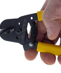 Hella Versatile Data T Cutter Wire Tool For Structured Networks And Coax Cables Up To Rg 11 held in hand, cutting coax cable.