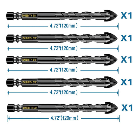 Five Eighth Inch Masonry Drill Bit Set For Tile Brick Glass Plastic And Wood With Cross Tungsten Carbide Tip And Hex Shank 16mm shown in a horizontal row