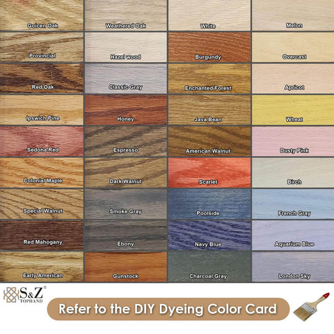 DIY dyeing color card with various wood stain options including Golden Oak, Provincial, Navy Blue, and Charcoal Gray.