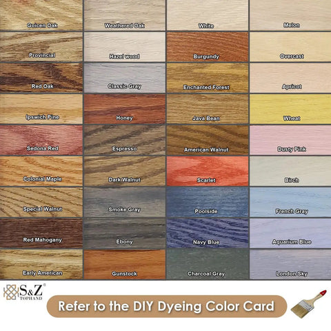DIY dye color card with various shades labeled including Golden Oak, Espresso, and Navy Blue against a grid background.