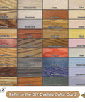 Color swatch chart for various wood stain options including shades like Golden Oak, Espresso, French Gray, and Enchanted Forest.