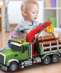 Child playing with Epic 15 Inch Logging Truck Toy for Kids Ages 3 to 8 with loading crane and six timber trunks indoors.