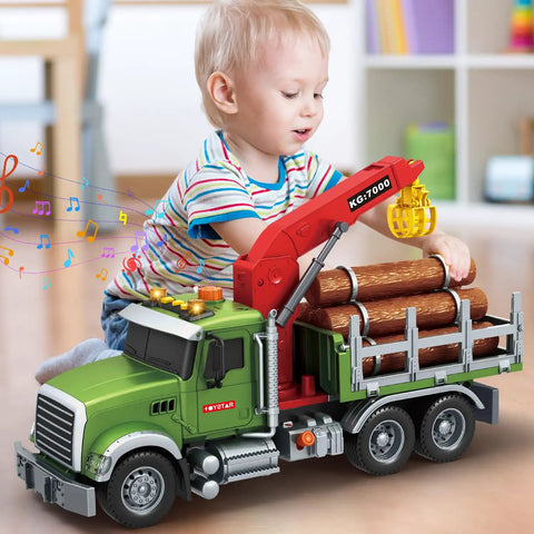 Child playing with Epic 15 Inch Logging Truck Toy for Kids Ages 3 to 8 with loading crane and six timber trunks indoors.