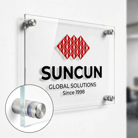 Glass sign mounted with Pro Grade Stainless Steel 60 Pcs Standoff Screws Half Inch By One Inch Mounting Hardware For Glass