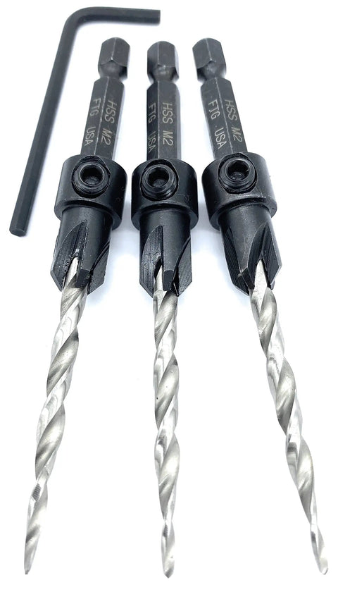 Woodworking Countersink Drill Bit Set Three Piece For Number Eight Size Eleven Sixty Fourth Inch with hex wrench