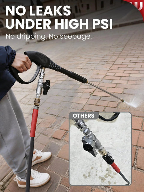 WOJET ball valve pressure washer, stainless steel DN10, 3/8 inch quick-connect, attached to spray gun (side view)