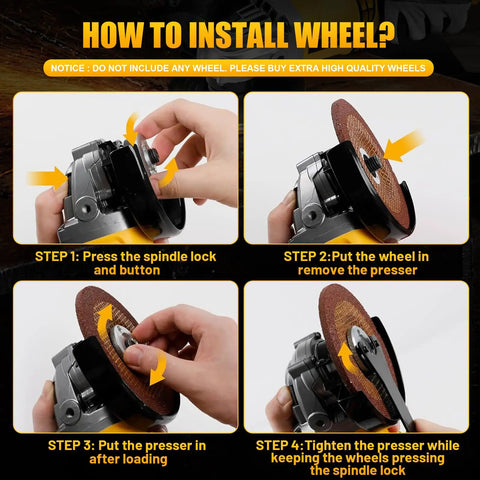 Step-by-step guide for installing wheel on Cordless Angle Grinder 4-1/2 Inch 11000 RPM Brushless Motor Fits 20V Max Batteries