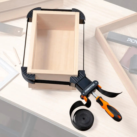 Strap Clamps For Woodworking With Quick Release Levers And An Ergonomic Handle, Pro Style Adjustable Band Clamp on wood box