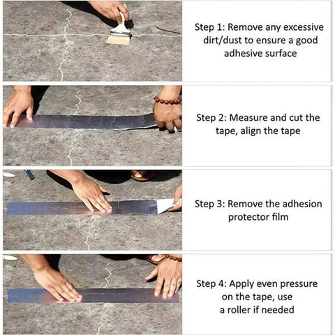 Steps demonstrating Butyl Waterproof Repair Tape 5cm By 5m Ultra Weatherproof Sealant for Roof Leaks, Window Cracks installation