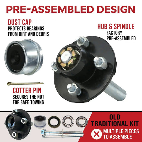 Pack Of Two Rugged Trailer Axle Kits With Four On Four Bolt Pattern Idler Hub And One And One Quarter Inch Round BT8 Spindle showing pre-assembled design components.
