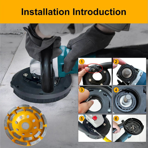 All-In-One Angle Grinder Dust Shroud 4.5 and 5 Inch With Diamond Concrete Grinding Wheel, Fits Most Grinders, during installation