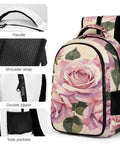 Vintage Rose Bouquet Print Backpack Unisex Large Capacity Durable Polyester with side pockets and breathable shoulder strap