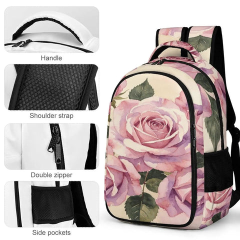 Vintage Rose Bouquet Print Backpack Unisex Large Capacity Durable Polyester with side pockets and breathable shoulder strap