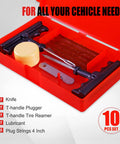 10 Piece Tire Repair Kit With T Handle Tools And Storage Case Fix Flat Punctures Fast No Tire Removal Needed Ideal For Car Truck Motorcycle And ATV For Roadside Emergencies And Everyday On The Go, open red case showing tools and plugs inside