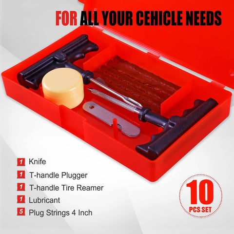 10 Piece Tire Repair Kit With T Handle Tools And Storage Case Fix Flat Punctures Fast No Tire Removal Needed Ideal For Car Truck Motorcycle And ATV For Roadside Emergencies And Everyday On The Go, open red case showing tools and plugs inside