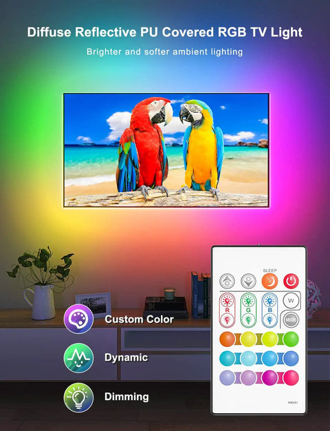 LED Backlight Kit for 40 to 75 Inch TVs with power supply and remote, displaying 12 preset RGB colors and DIY color mixer on a TV back.