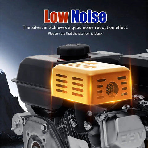 Close-up of 212cc 7.5HP 3600 RPM Gas Engine With Electric Start 4 Stroke OHV Air Cooled, highlighting the noise-reducing silencer.