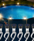 Six Pack Solar Pool Lights For Framed Above Ground Pools Waterproof Outdoor Garden Night Lights Easy Install Warm White Glow For Pool Deck Fence And Yard Decor Gray attached to pool frame, illuminating at night.