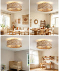 XINGSIYUELYX Boho Rattan Caged Fandelier Ceiling Fans with Lights in cozy living and dining spaces with natural decor.