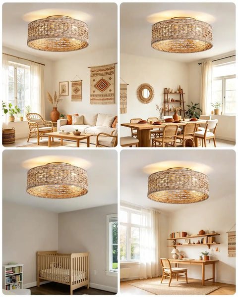 XINGSIYUELYX Boho Rattan Caged Fandelier Ceiling Fans with Lights in cozy living and dining spaces with natural decor.